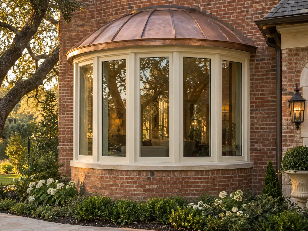 A curved five-panel bow window with a copper roof on a red brick house at golden hour