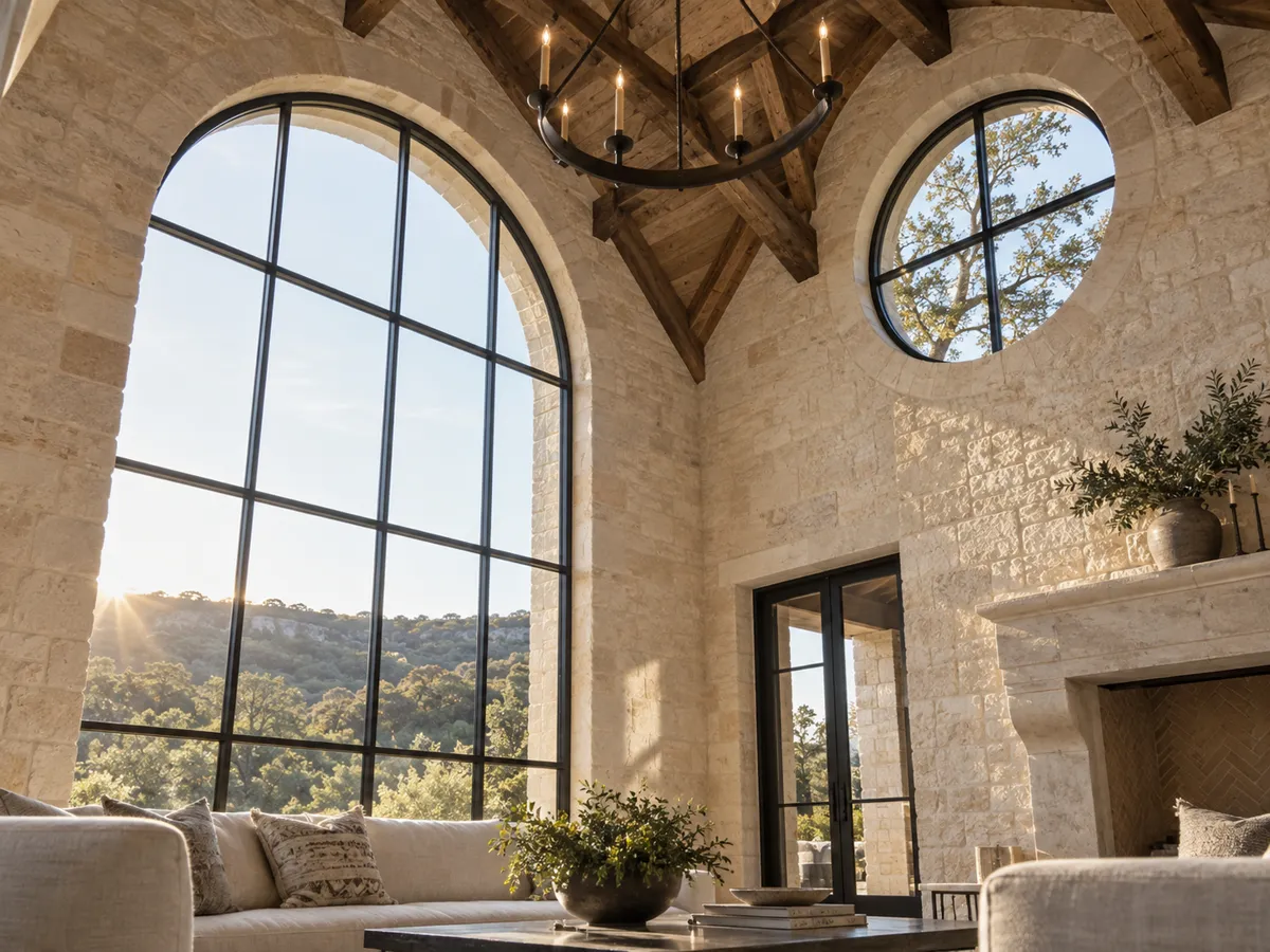 A tall arched window and a round window set in the stone walls of a vaulted great room