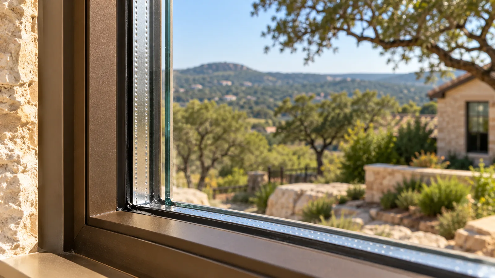 Close-up of the spacer and sealed edge of a double-pane insulated glass unit in a bronze window frame with Austin hills beyond