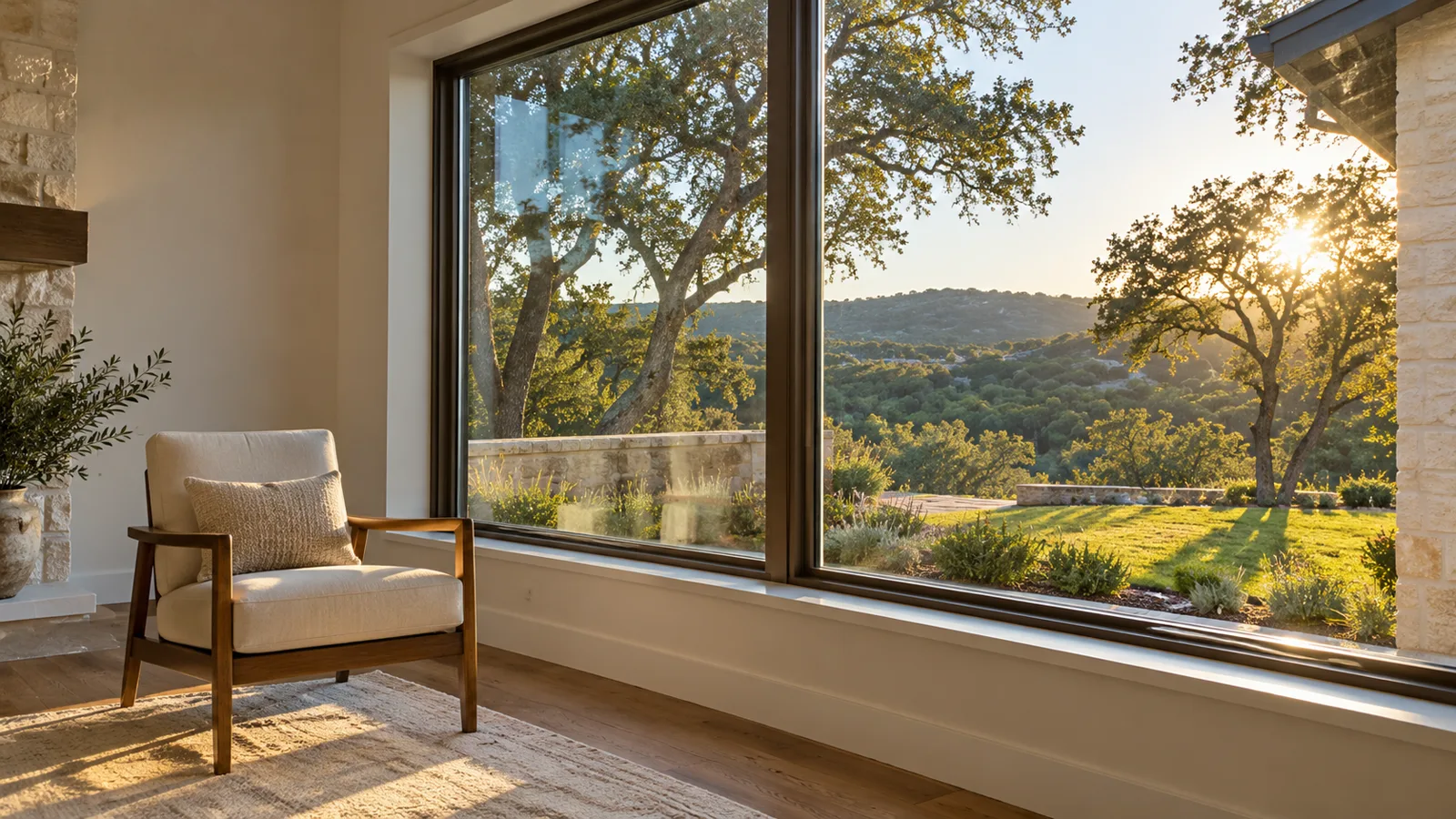 A bright cool living room with a large energy-efficient double-pane window looking out on Austin live oaks and hills in late afternoon sun