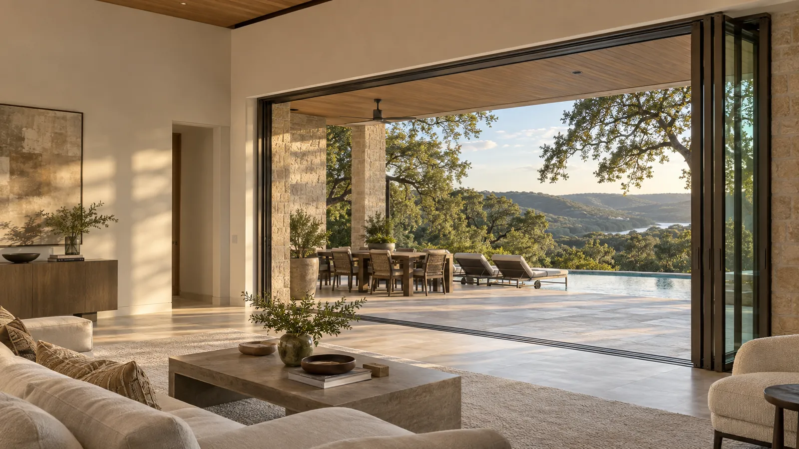 A living room whose glass door wall slides fully open onto a covered stone terrace, pool and wooded hills