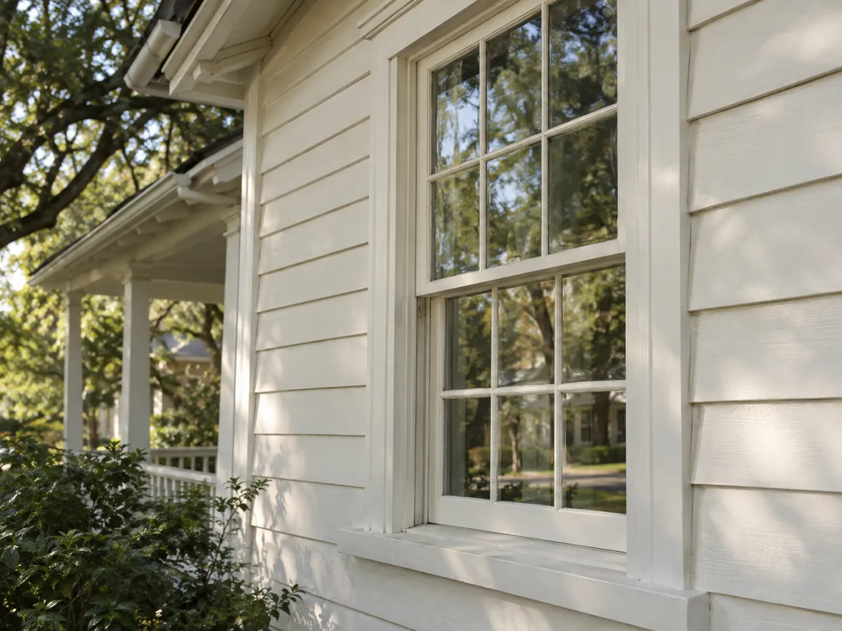 A restored white wood double-hung window with divided lites on a clapboard house