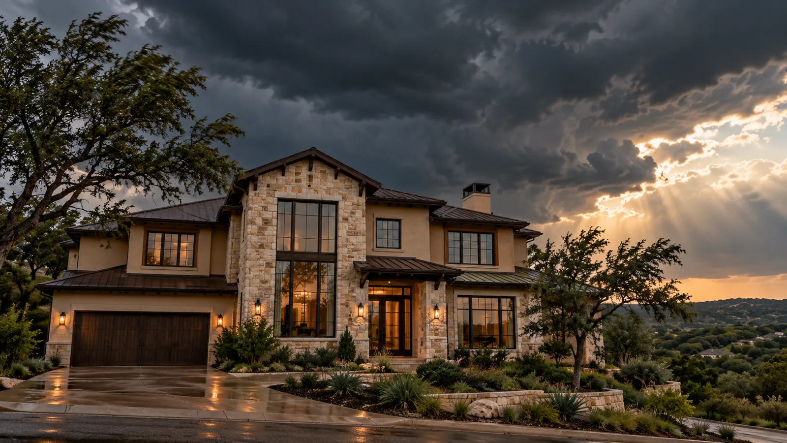 A two-storey stone and stucco Austin home with large impact-rated windows under a dark storm sky