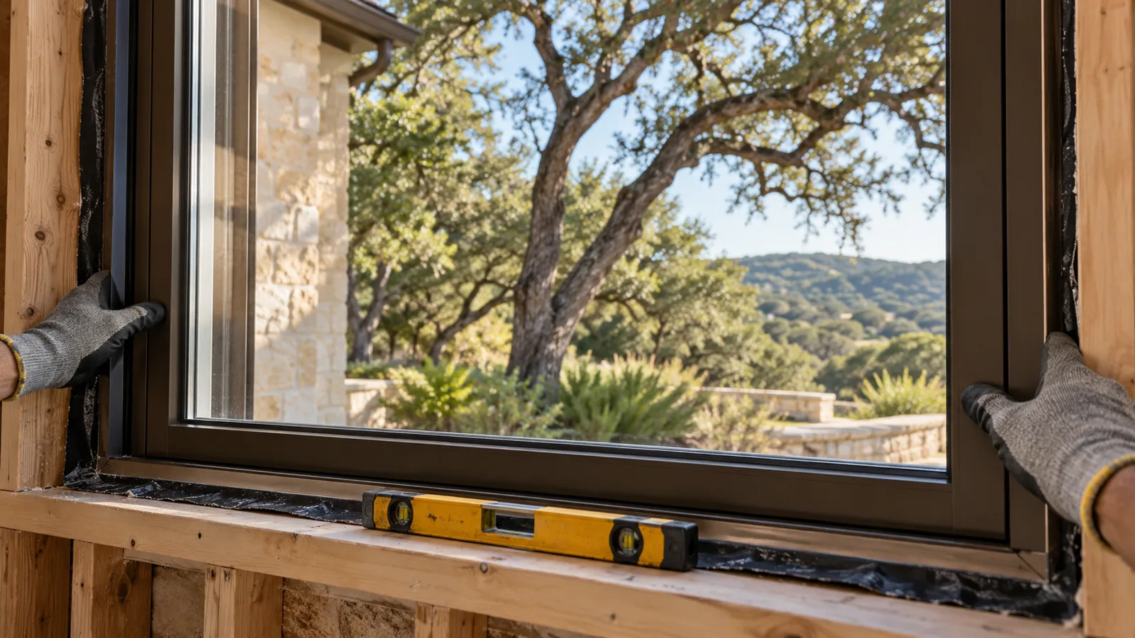 Installer gloved hands setting a new bronze-framed window into a framed opening of an Austin home, with a level on the sill and live oaks and hills outside