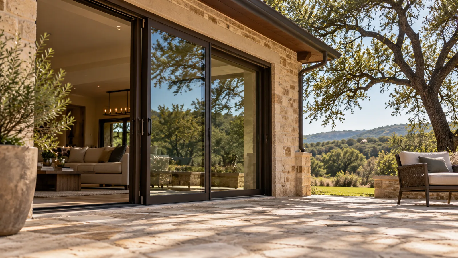 A new bronze-framed sliding glass patio door opening onto a limestone patio with live oaks near Austin