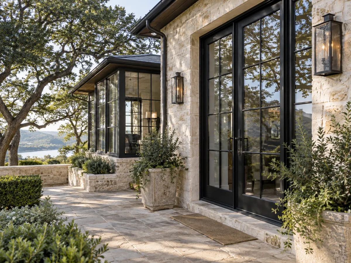Black steel French doors and divided-lite steel windows set in a limestone wall on a stone patio