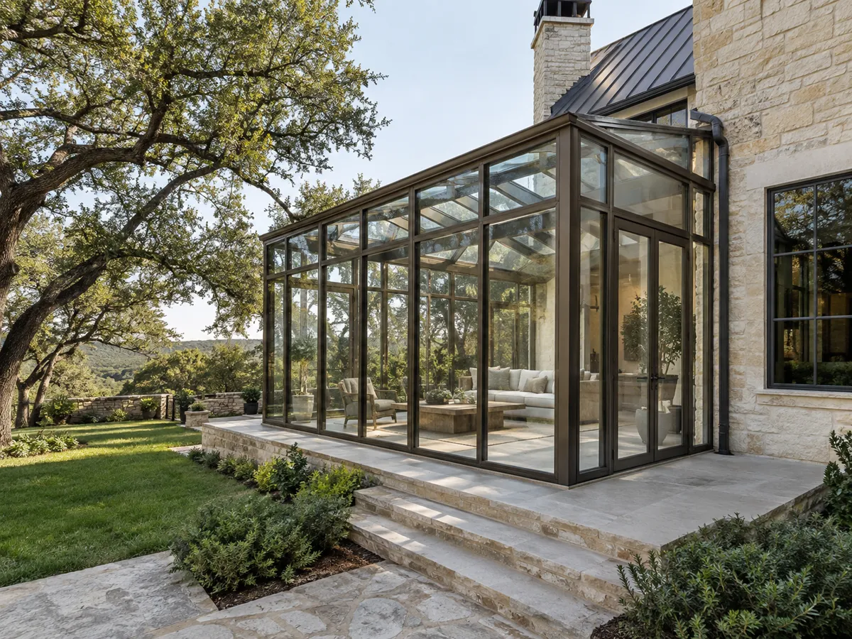 A glass sunroom with slim bronze frames attached to a limestone house