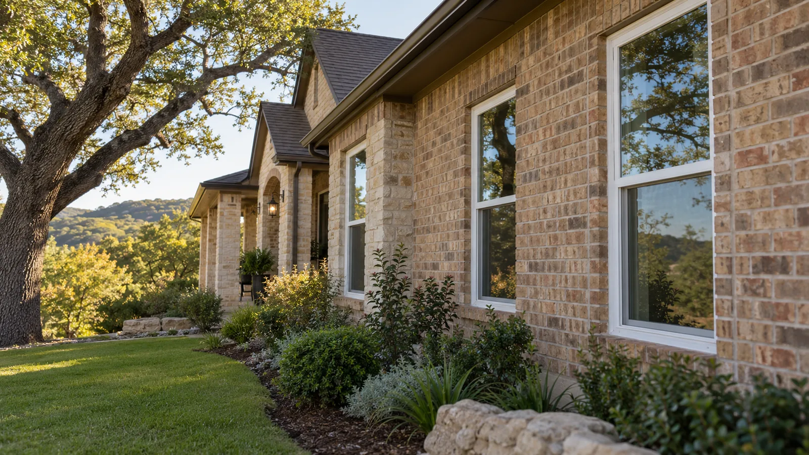 New white vinyl double-hung windows on a brick and limestone ranch house in Austin with a live oak and landscaped beds