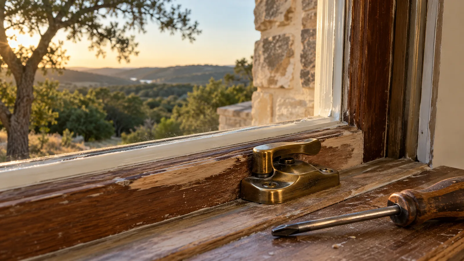 Close-up of a repaired wood window sash with a brass sash lock and a screwdriver on the sill, Austin Hill Country view beyond