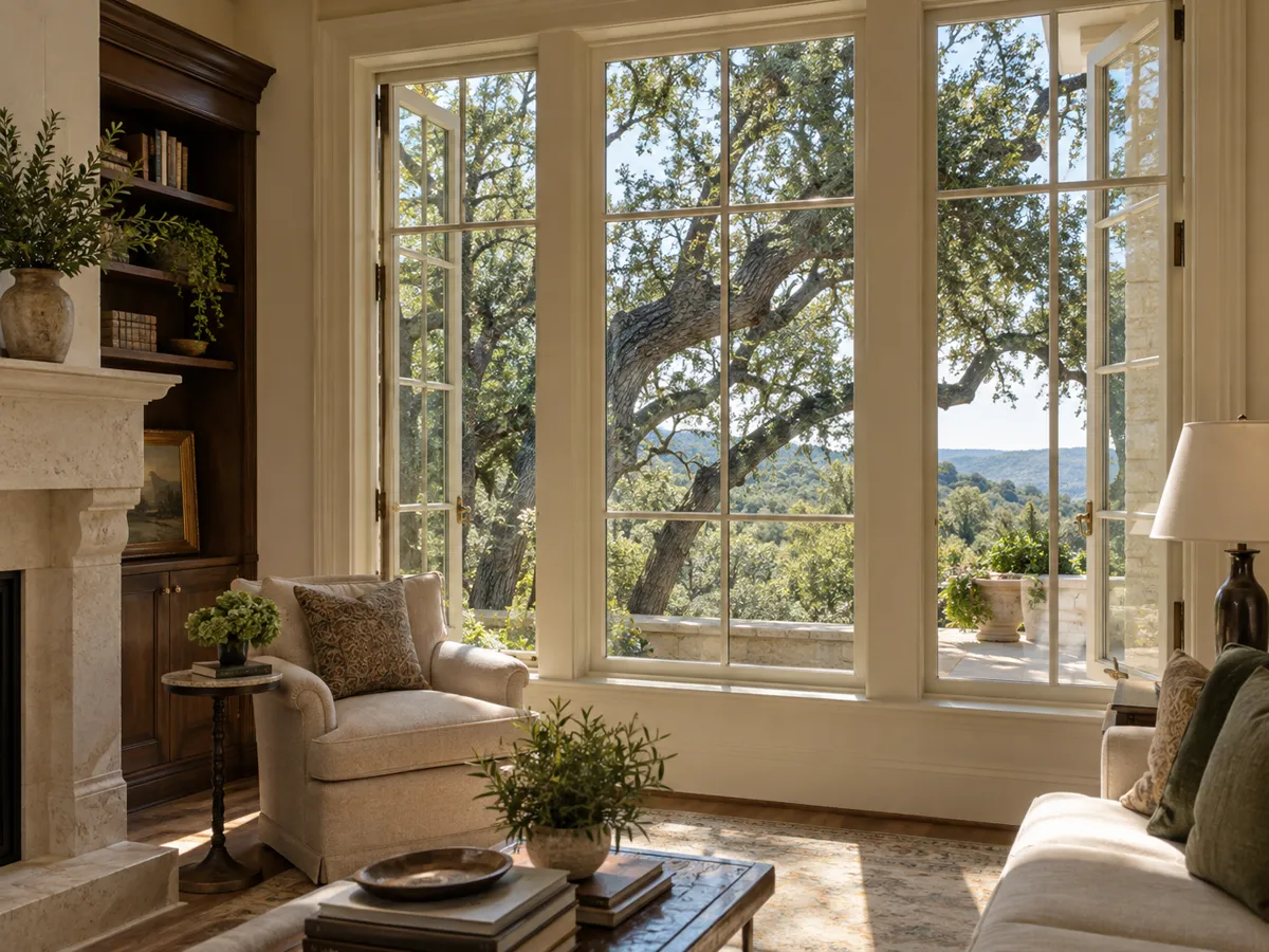 Tall white wood casement windows in a living room, opening onto a view of oak trees